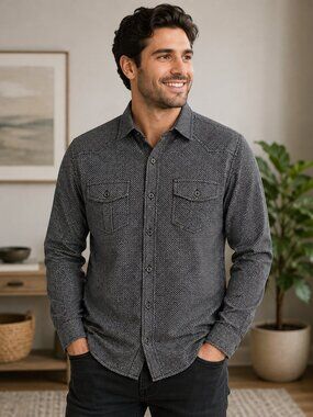 Eighty Eight Platinum Men's Black White Micro Check Button-Up Shirt Size Medium